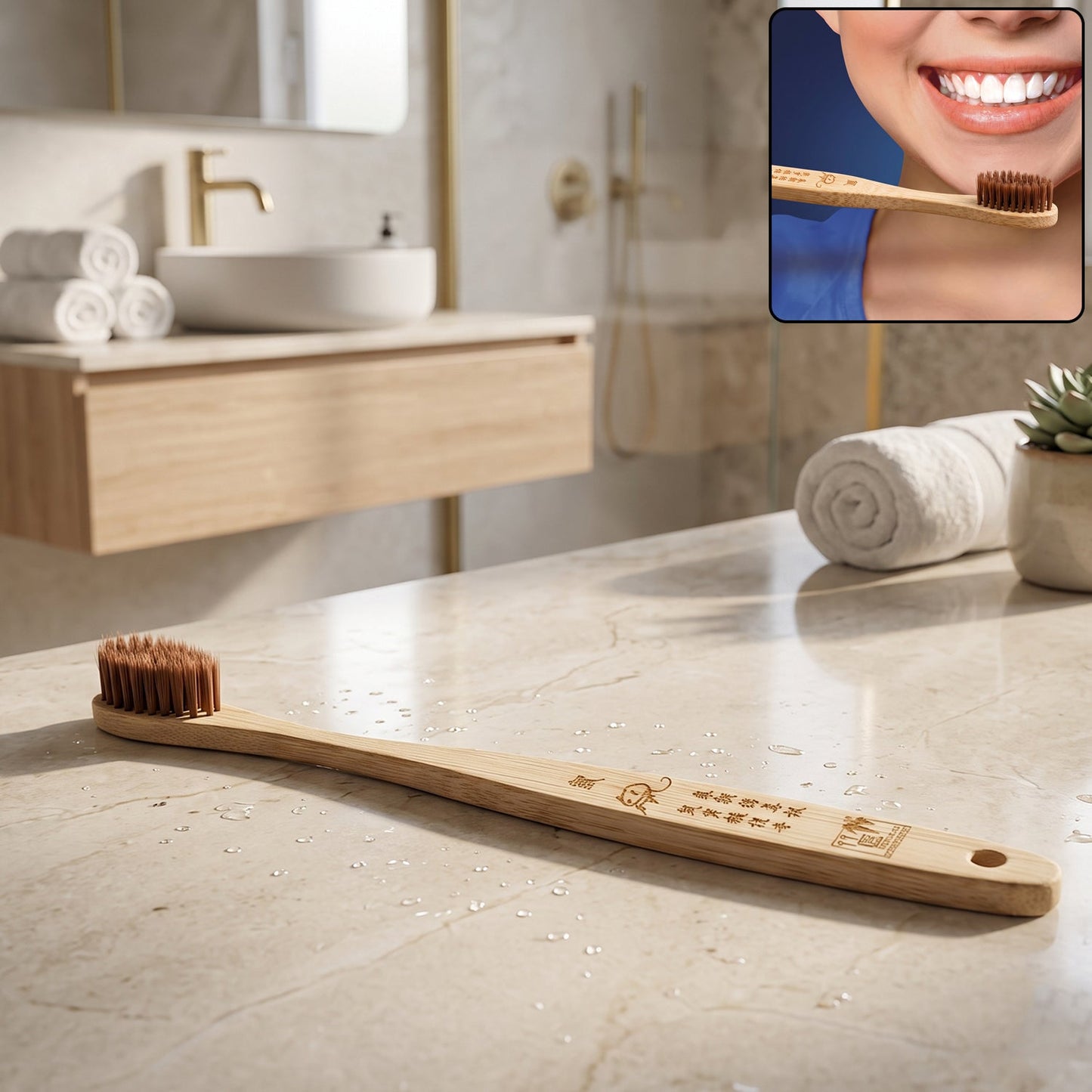 A bamboo toothbrush with brown bristles and an engraved handle rests on a marble bathroom counter with water droplets 