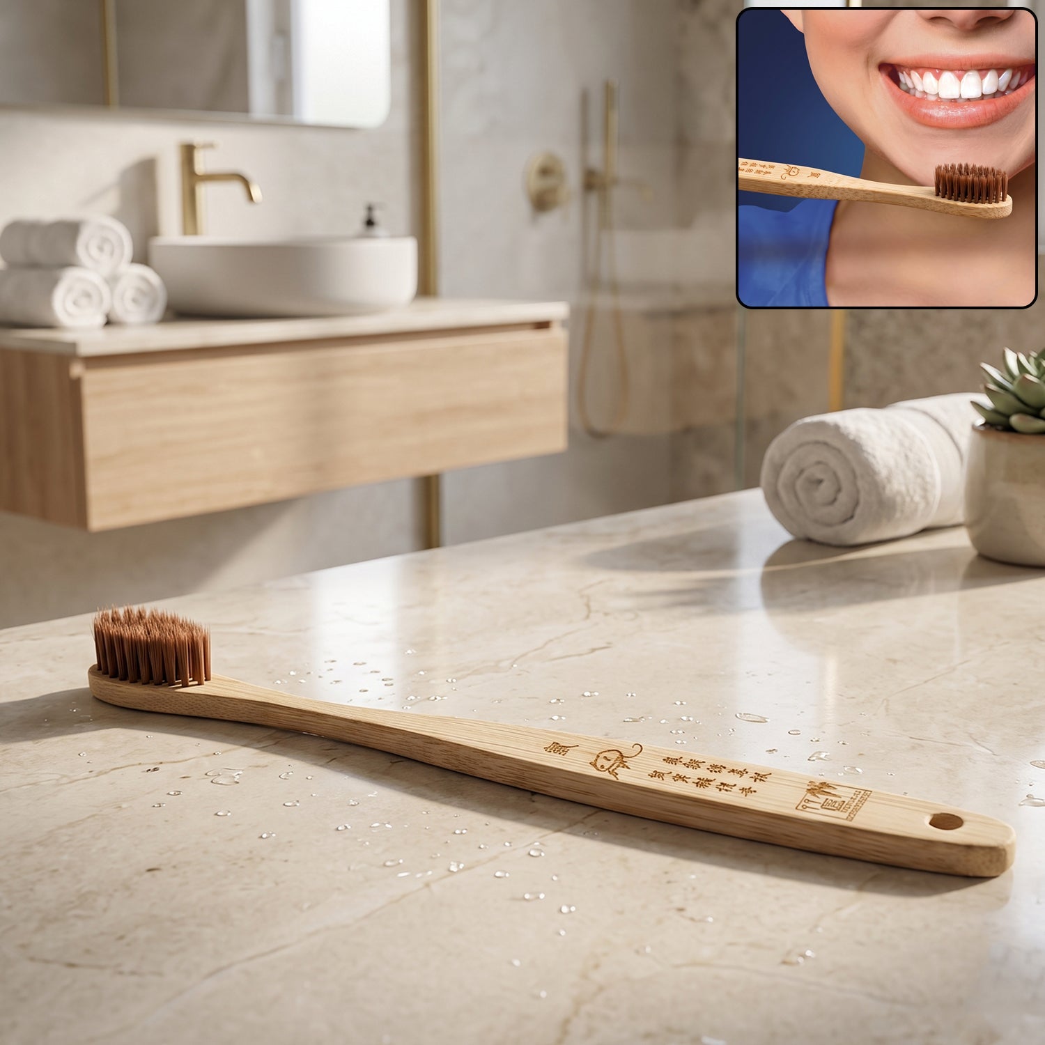 A bamboo toothbrush with brown bristles and an engraved handle rests on a marble bathroom counter with water droplets 