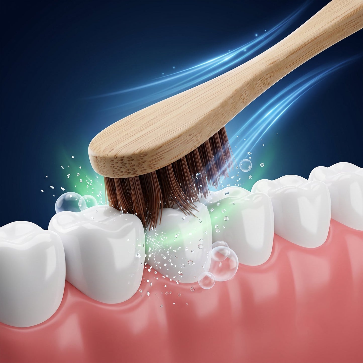 A close-up of a bamboo toothbrush with brown bristles cleaning white teeth, with green light and bubbles indicating