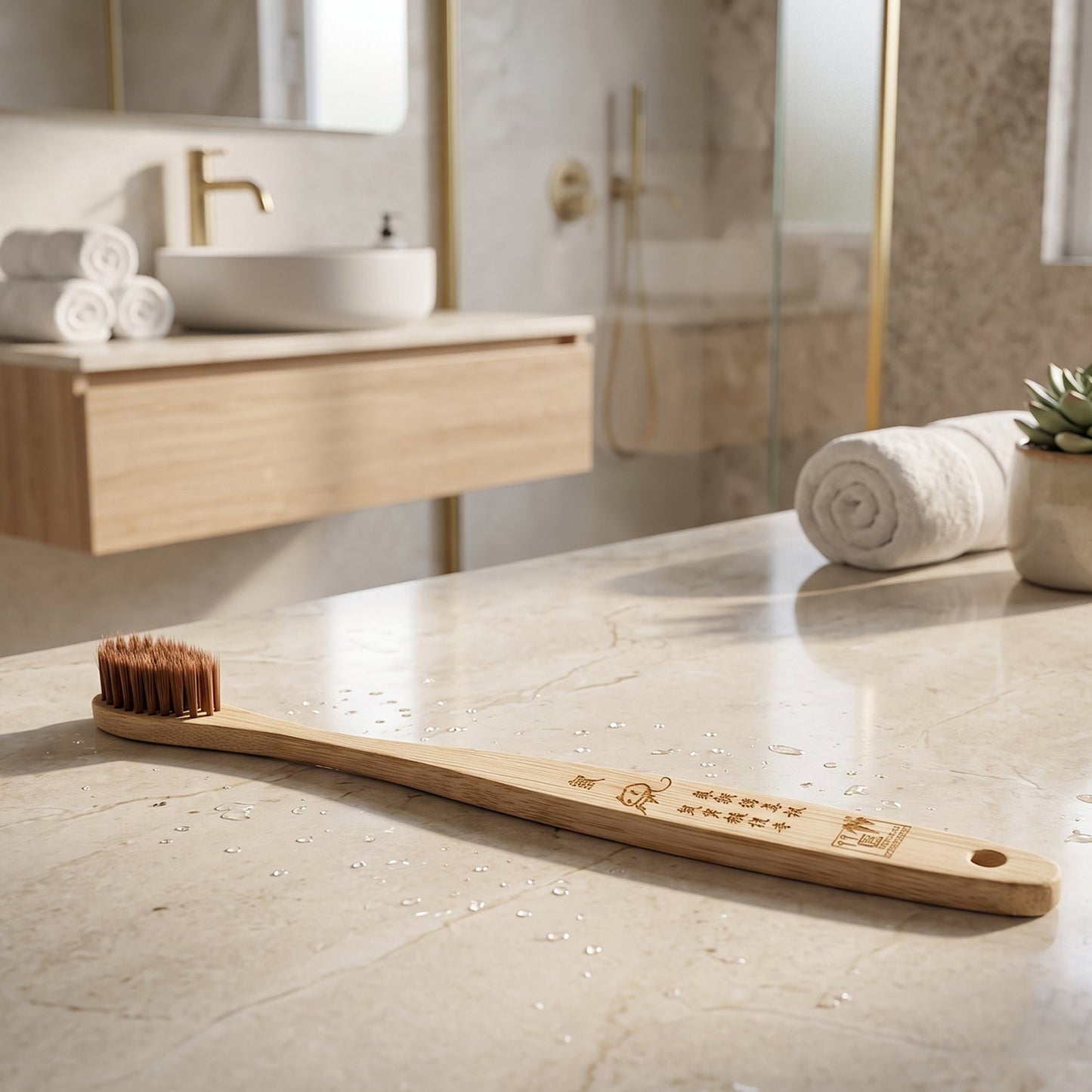 A bamboo toothbrush with brown bristles and an engraved handle rests on a marble bathroom counter with water droplets, with