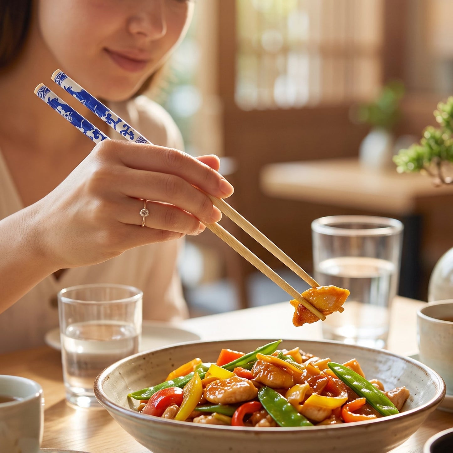 A person uses bamboo chopsticks with blue Chinese print to pick up a piece of chicken from a stir-fry.