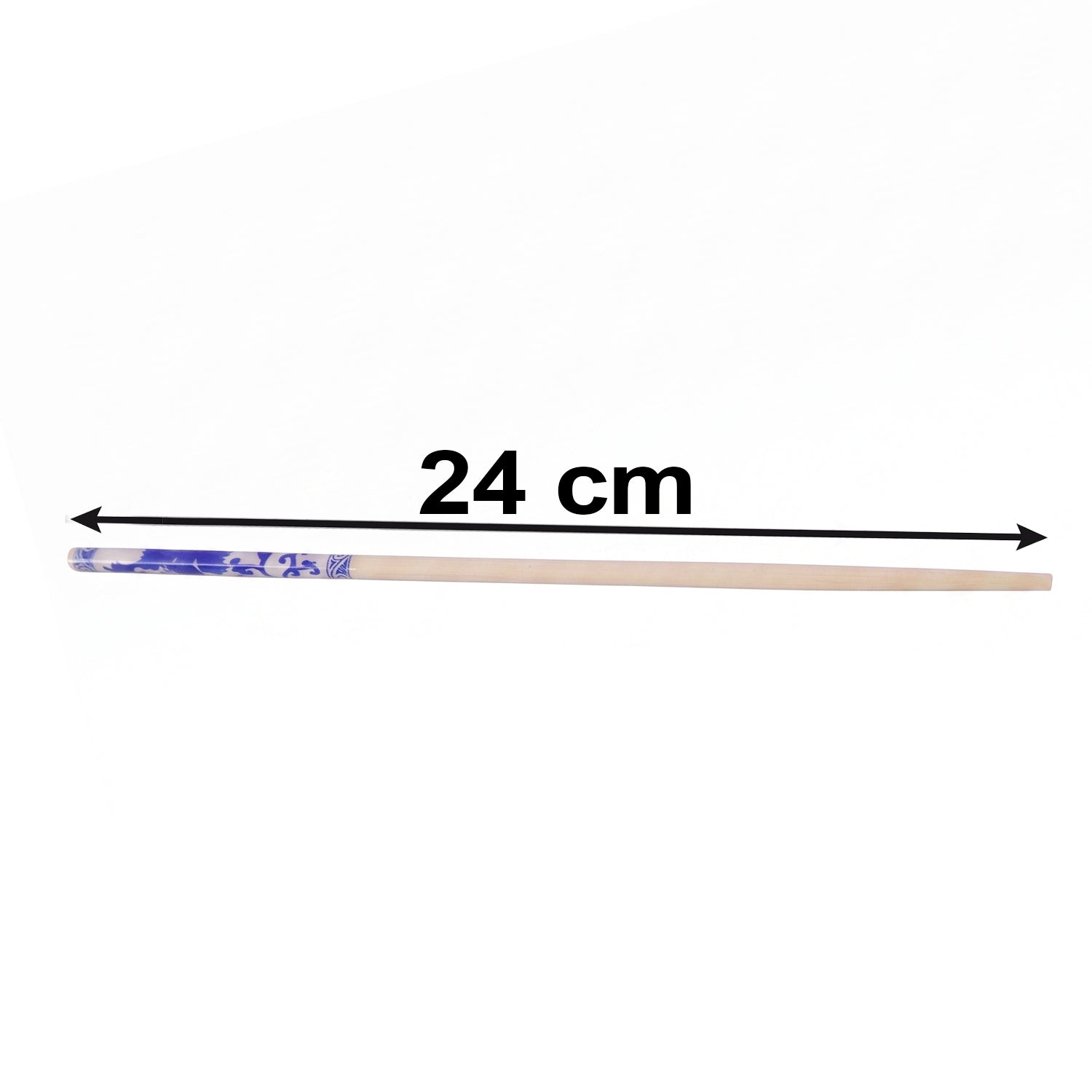 A single bamboo chopstick with blue Chinese print is shown horizontally with a
