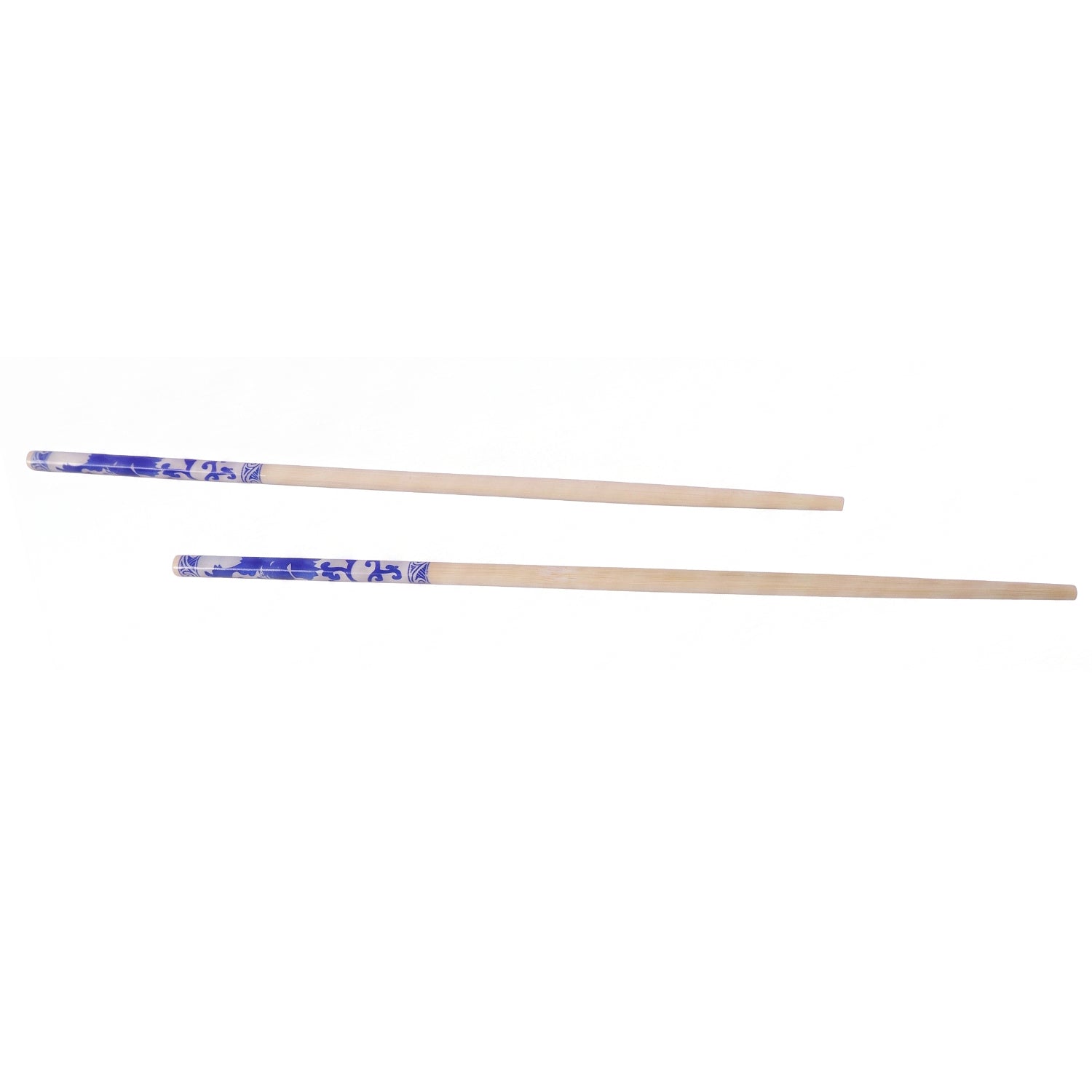 Two bamboo chopsticks with blue Chinese print are positioned diagonally on a plain white background.
