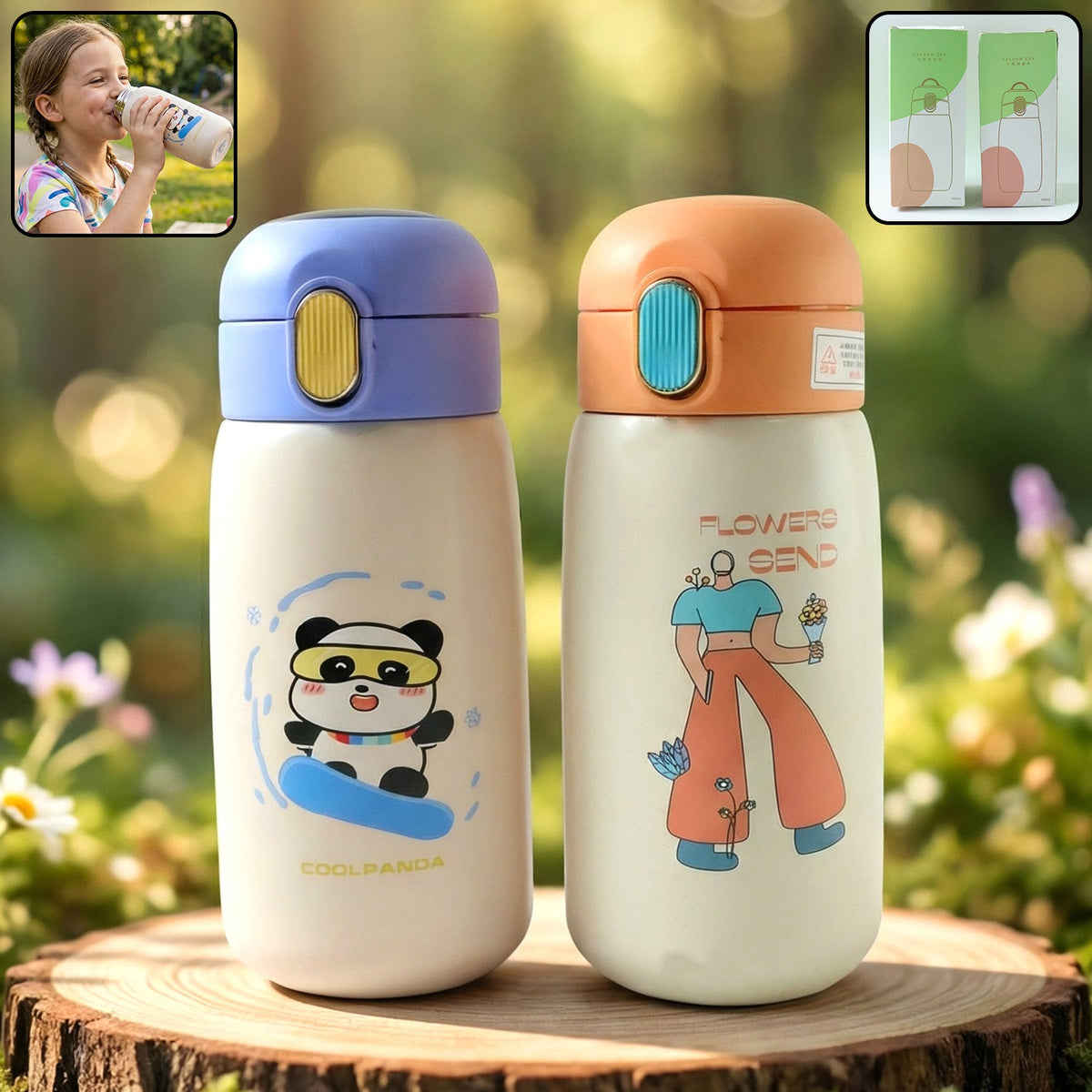 Two cartoon-designed water bottles are displayed on a wooden surface in a garden setting.