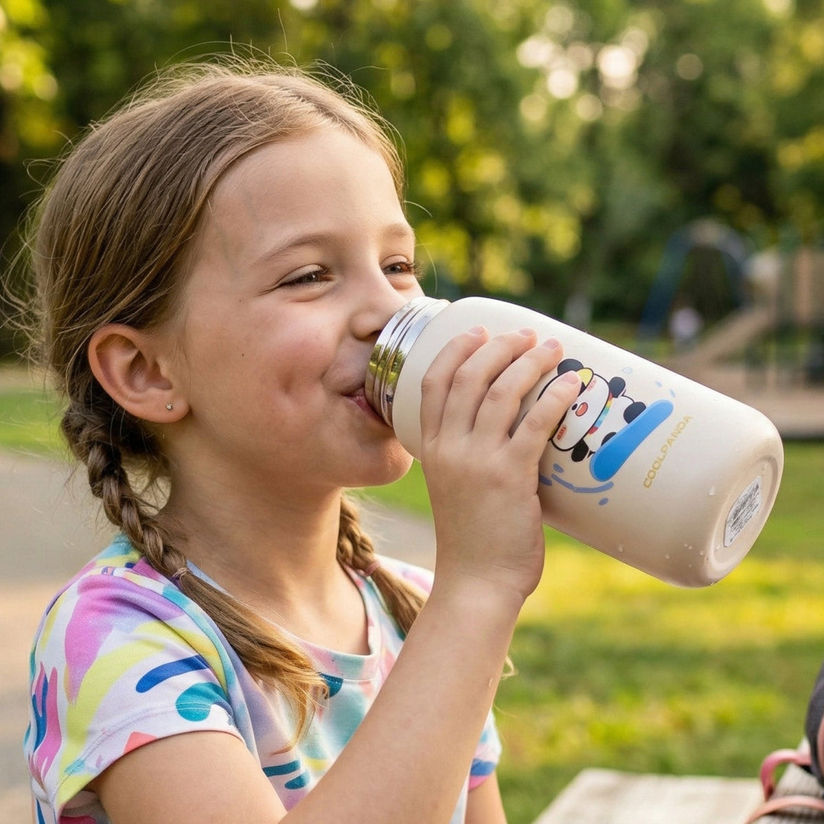 A young girl with braided hair drinks from a cream-colored water bottle with a panda design.