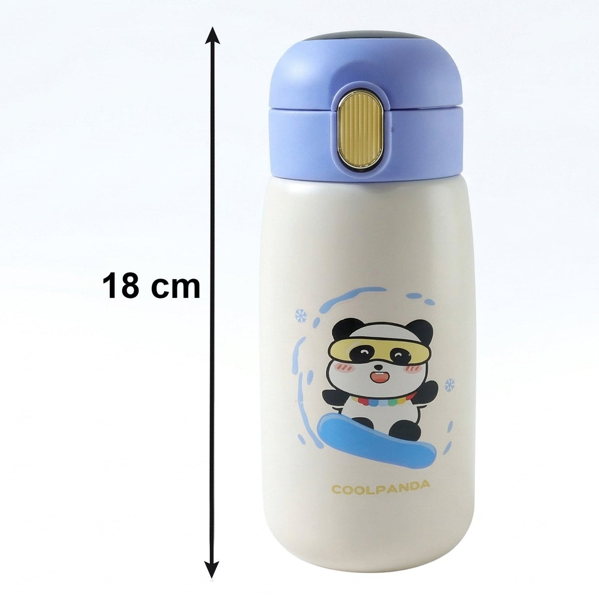 A single cream water bottle with a blue lid and panda design, showing its 18 cm height.