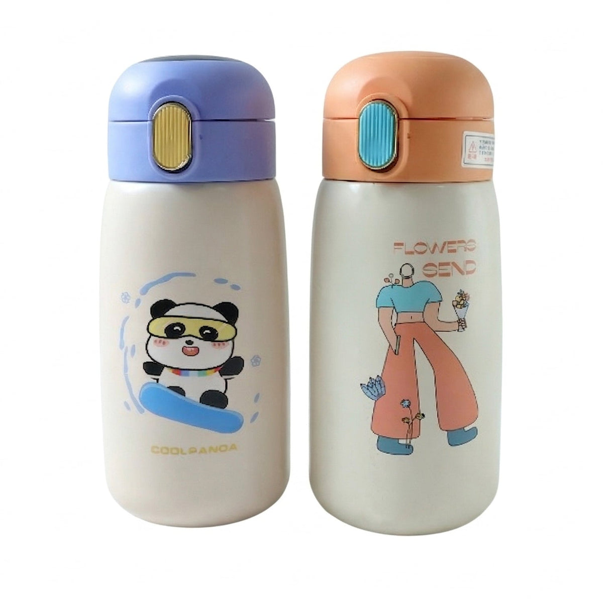 Two cream-colored water bottles, one with a blue lid and panda, the other with an orange lid and person.