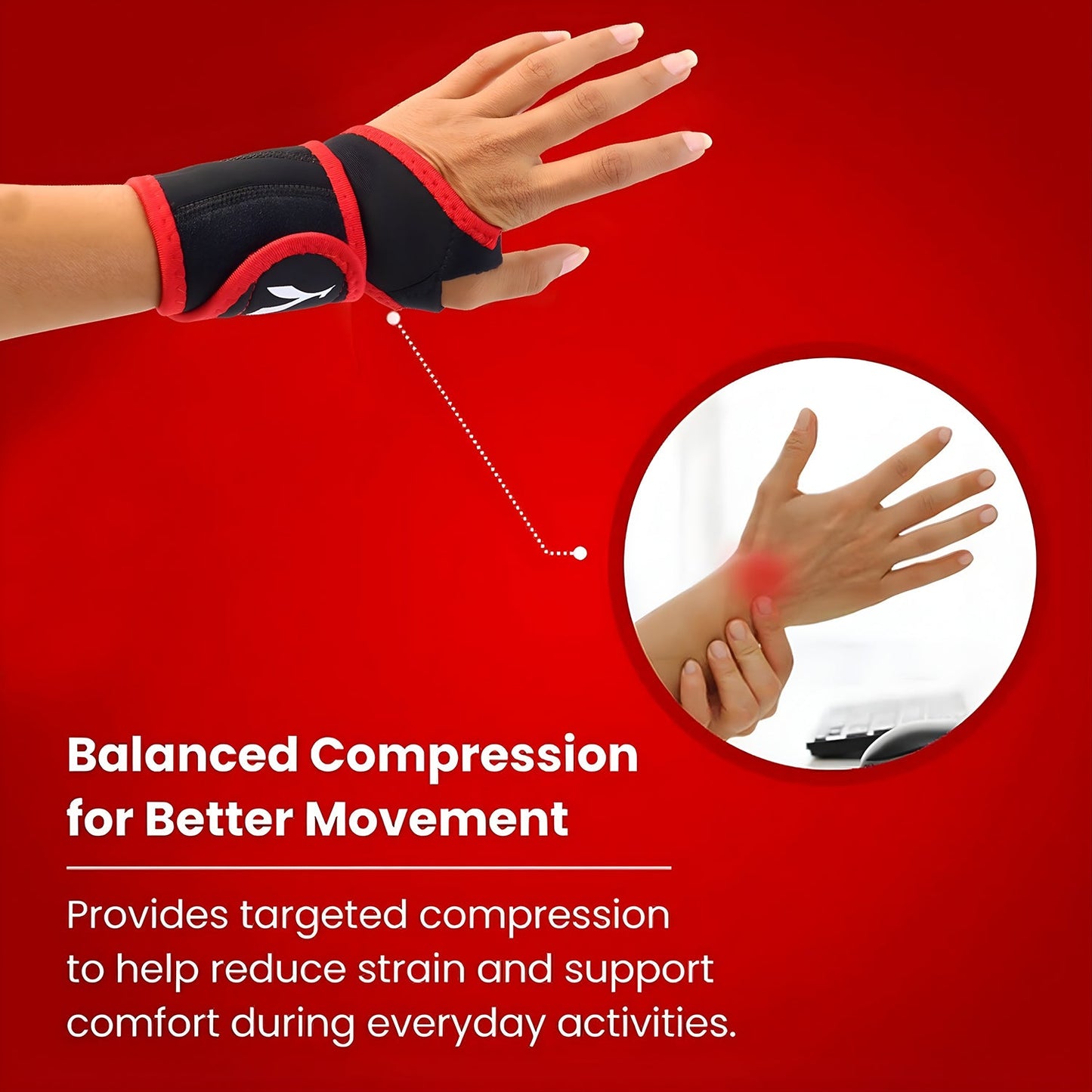 Diagram detailing features of adjustable wrist support brace
