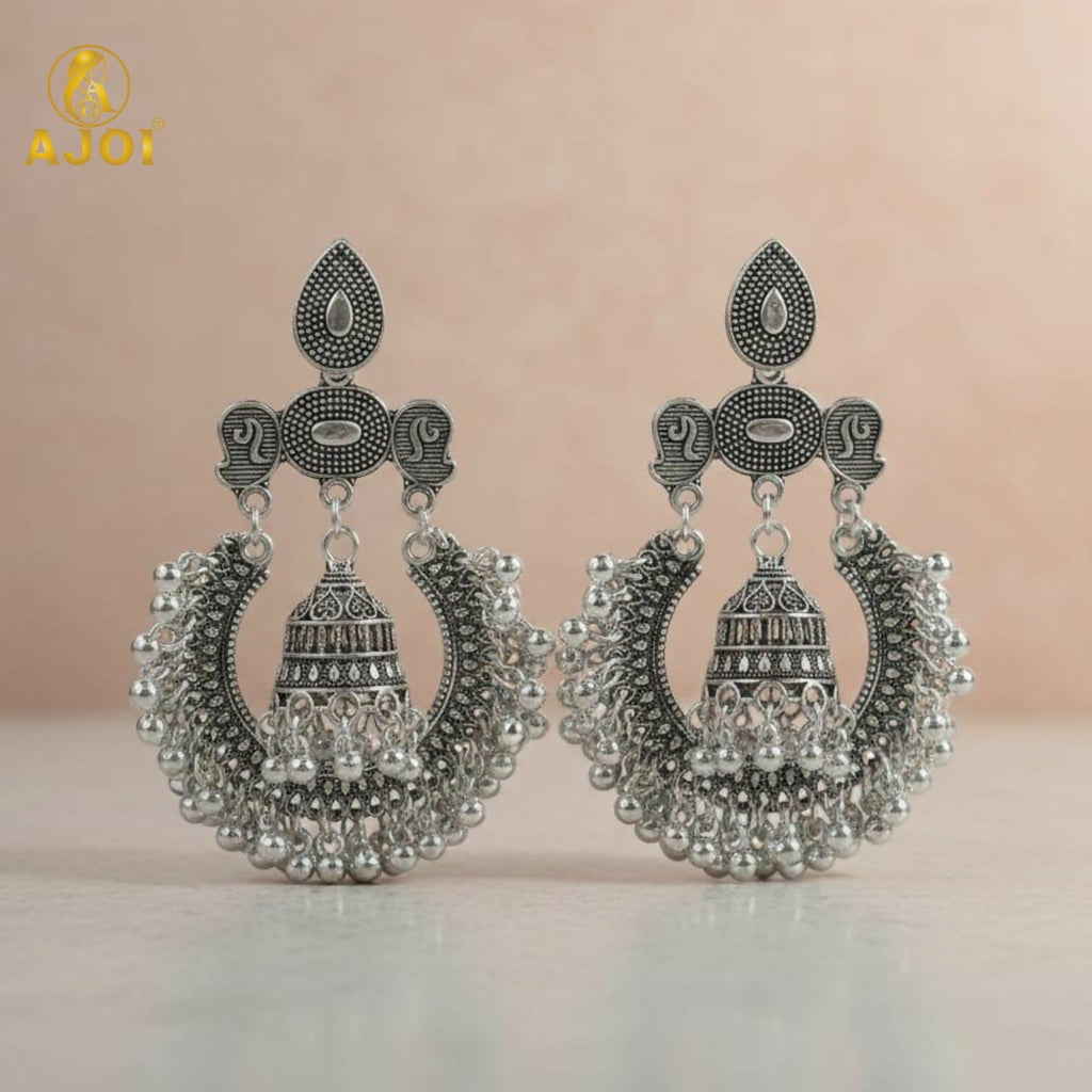 Antique Silver Oxidized Statement Chandbali Jhumka Earrings