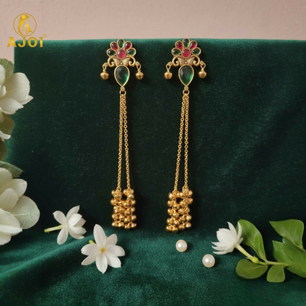 Kashmiri Style Gold Plated Floral Long Latkan Earrings For Women And Girls