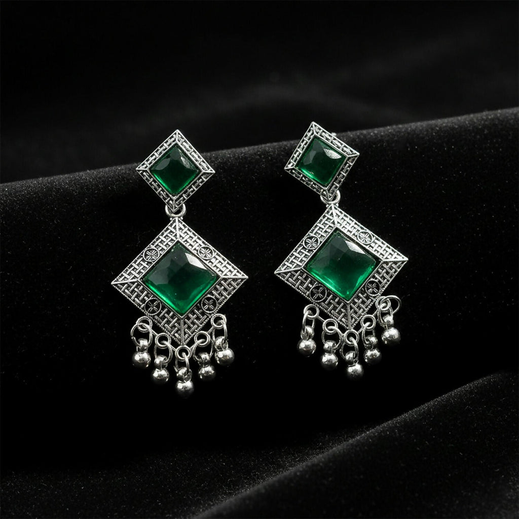 Traditional Indian Oxidised Dangler Earrings with Square Green Monalisa Stones