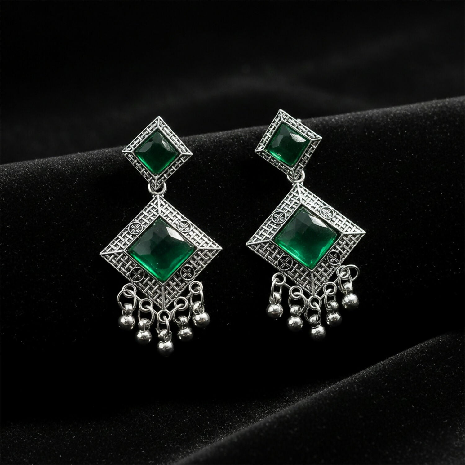 Traditional Indian Oxidised Dangler Earrings with Square Green Monalisa Stones