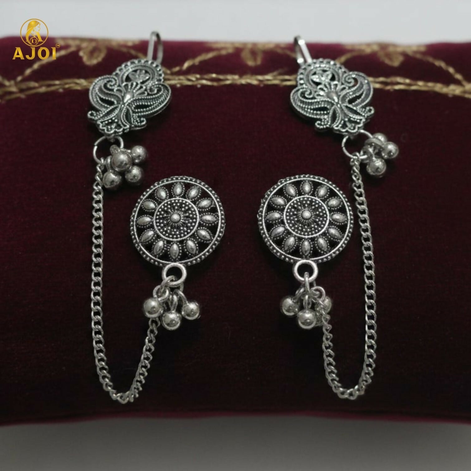 Oxidized Silver Ethnic Chain Drop Earrings for Women | Antique Tribal Boho Long Earrings