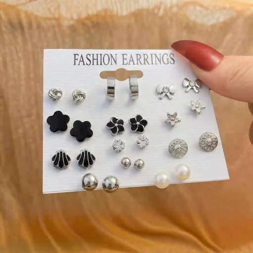 Silver & Black Stud Earrings Set for Women | Minimal & Floral Designs (12 Pair)