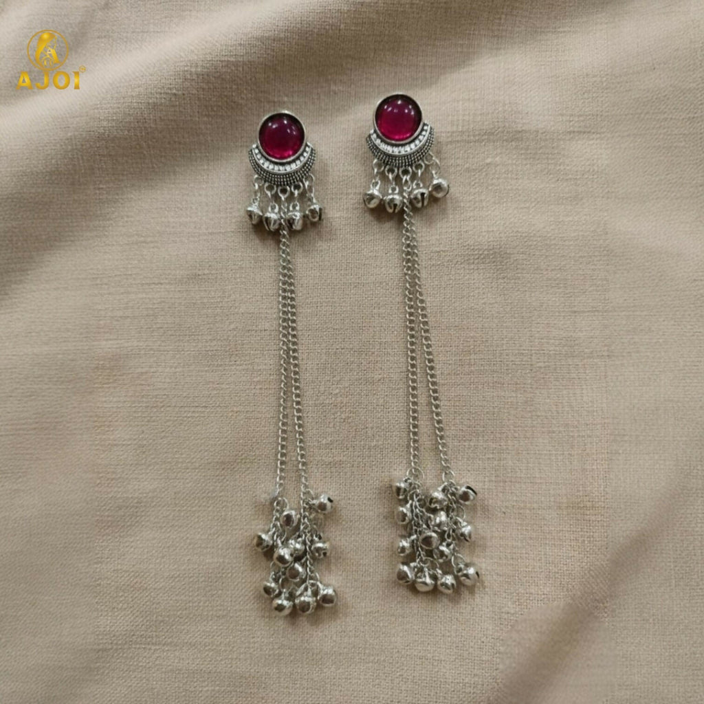 Ethnic Round Design Silver Plated Long Earrings with Ghungroo Drops