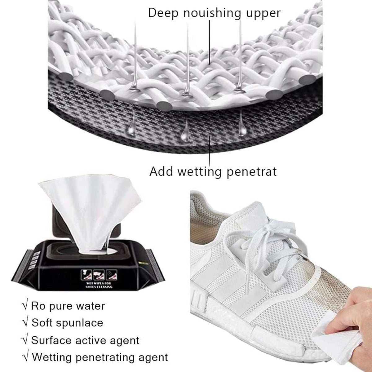 An illustration of fabric layers and a hand cleaning a white sneaker with a wet wipe are displayed.