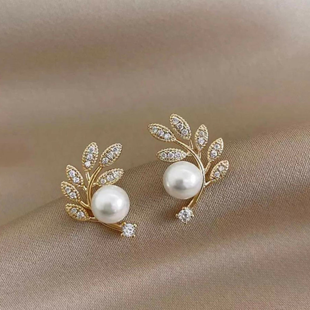 Luxurious Crystal Leaf & Pearl Ear Climbers – 14K Gold Plated Botanical Studs