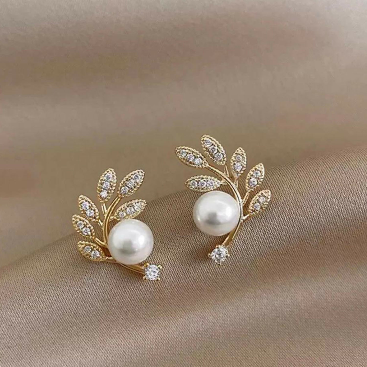 Luxurious Crystal Leaf & Pearl Ear Climbers – 14K Gold Plated Botanical Studs