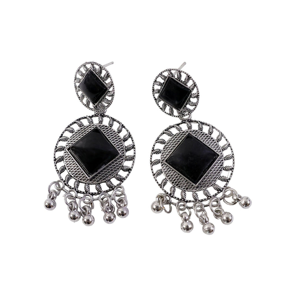 Vintage Charm Black Stone Oxidized Silver Earrings