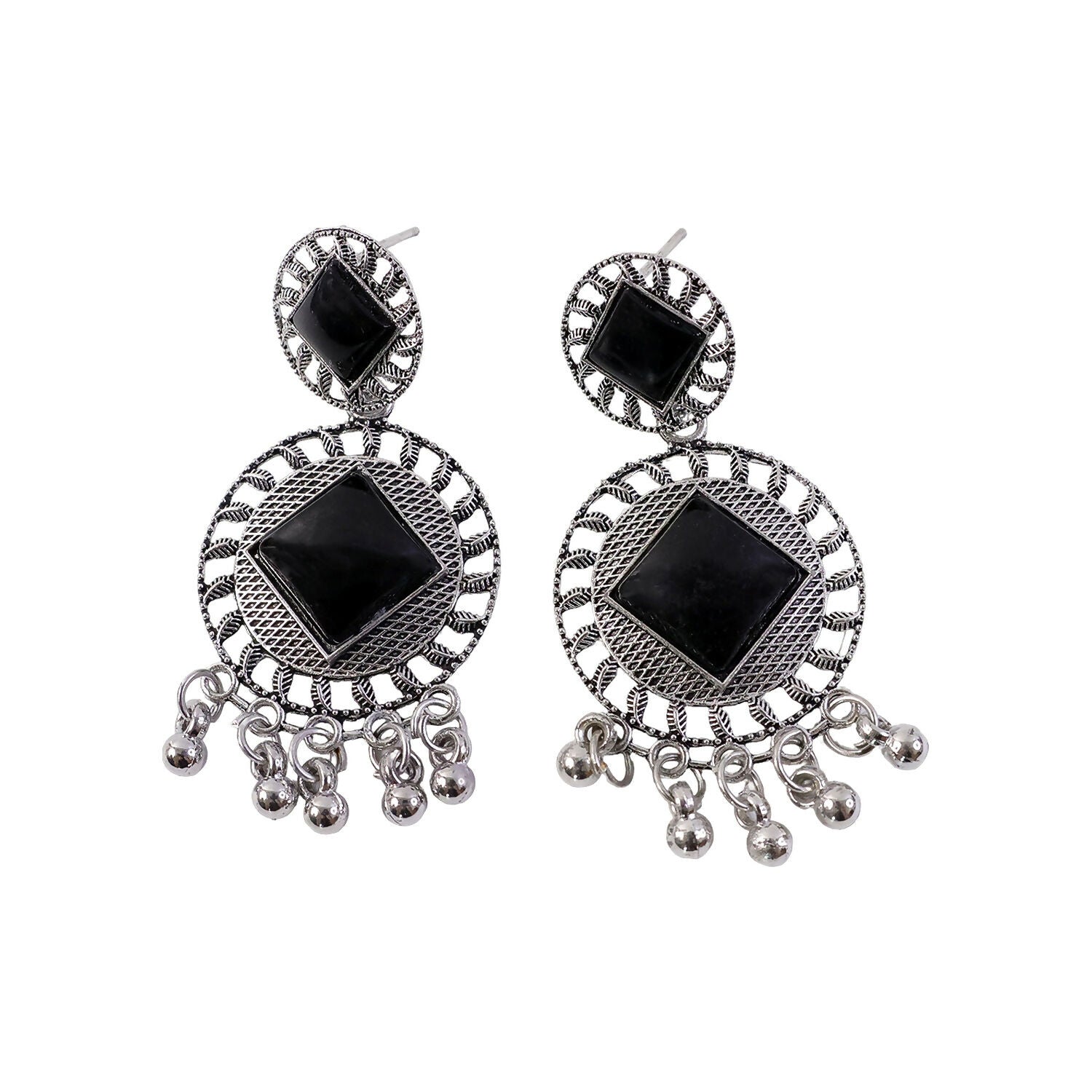 Vintage Charm Black Stone Oxidized Silver Earrings