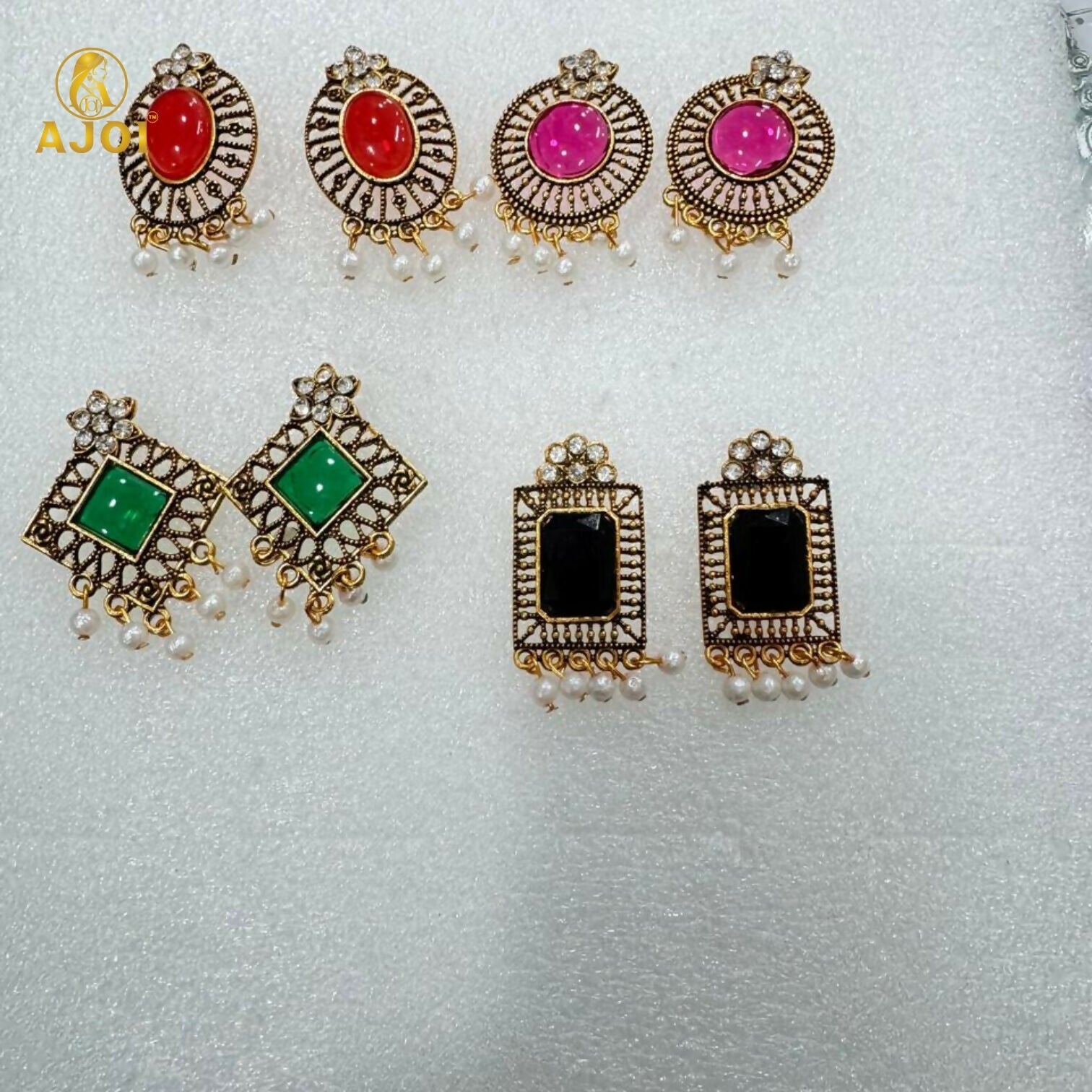 Royal Antique Stone & Pearl Drop Earrings Combo – 4 Designer Pairs