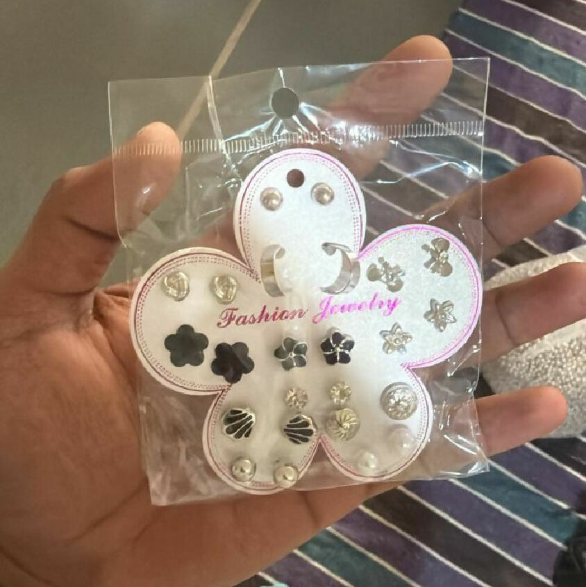 Silver & Black Stud Earrings Set for Women | Minimal & Floral Designs (12 Pair)