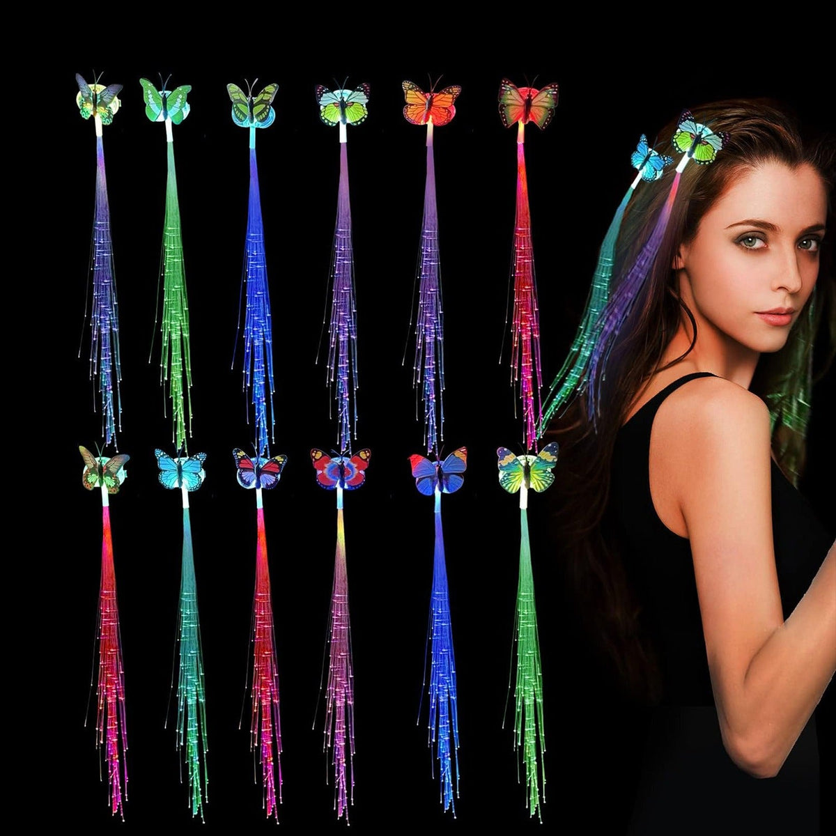 A woman with dark hair wears multiple glowing butterfly hair clips with colorful fiber optic strands, alongside a display of