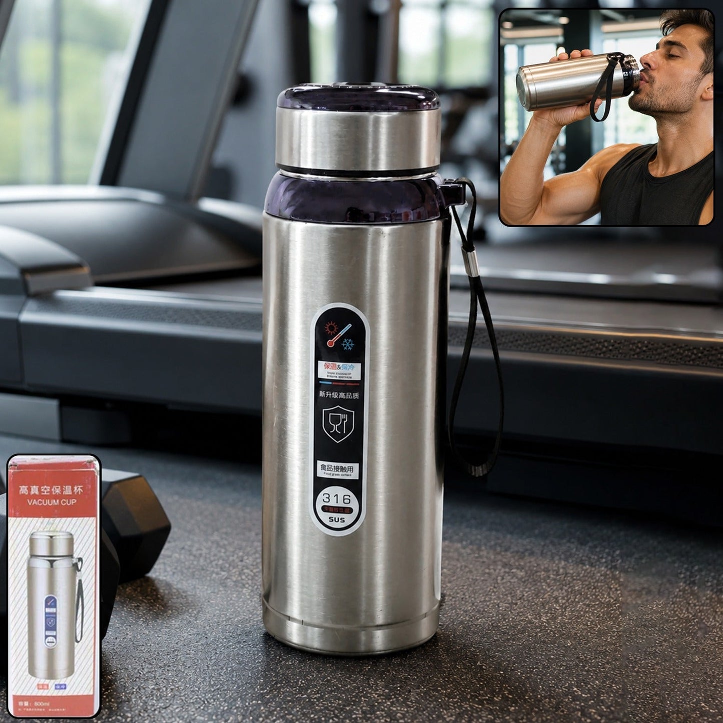 Sleek 800ml gym water bottle in stainless steel, ideal for daily hydration and fitness.