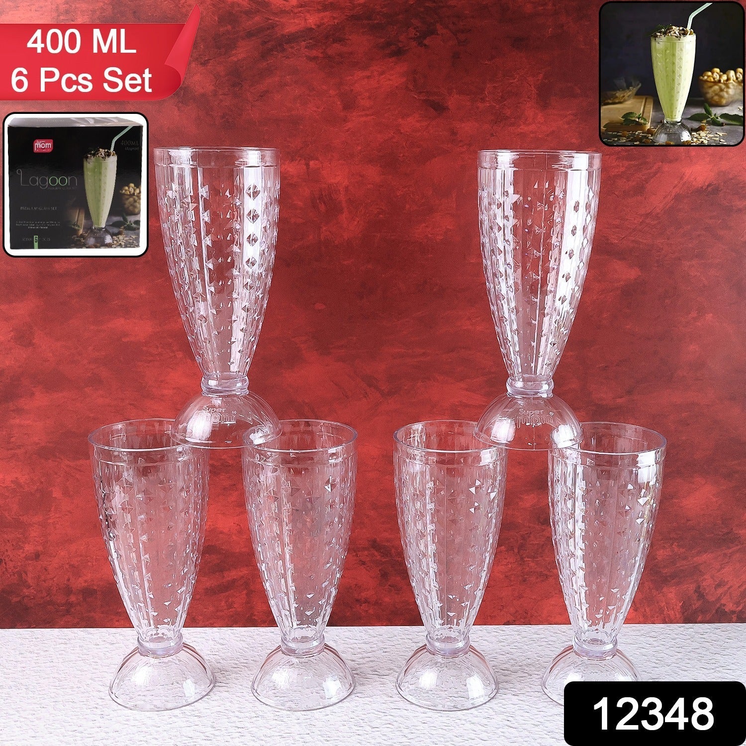 Set of six transparent plastic milkshake glasses for milkshakes and cold beverages