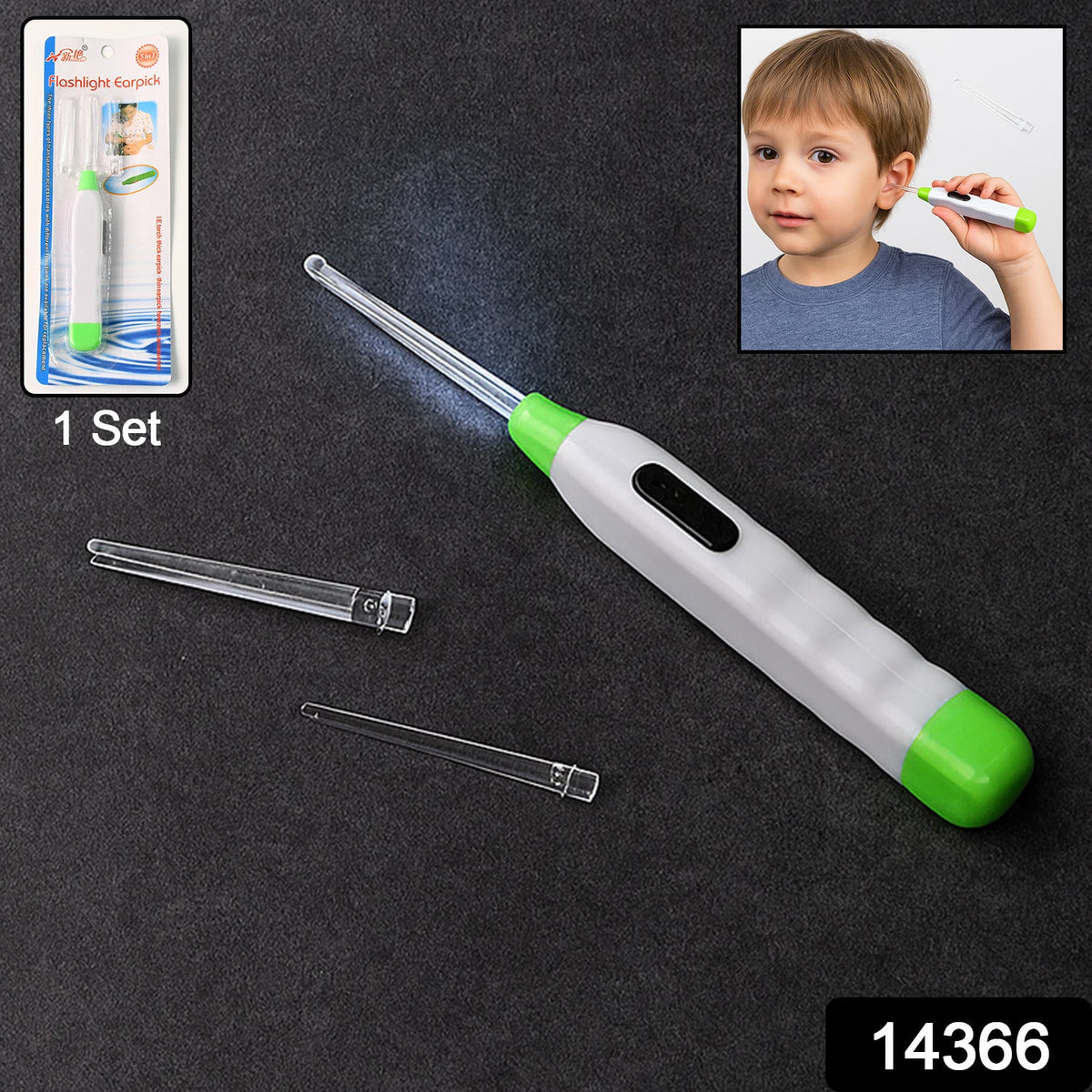 A white and green LED flashlight earpick with two clear tips is shown next to its packaging, with a small inset of a child