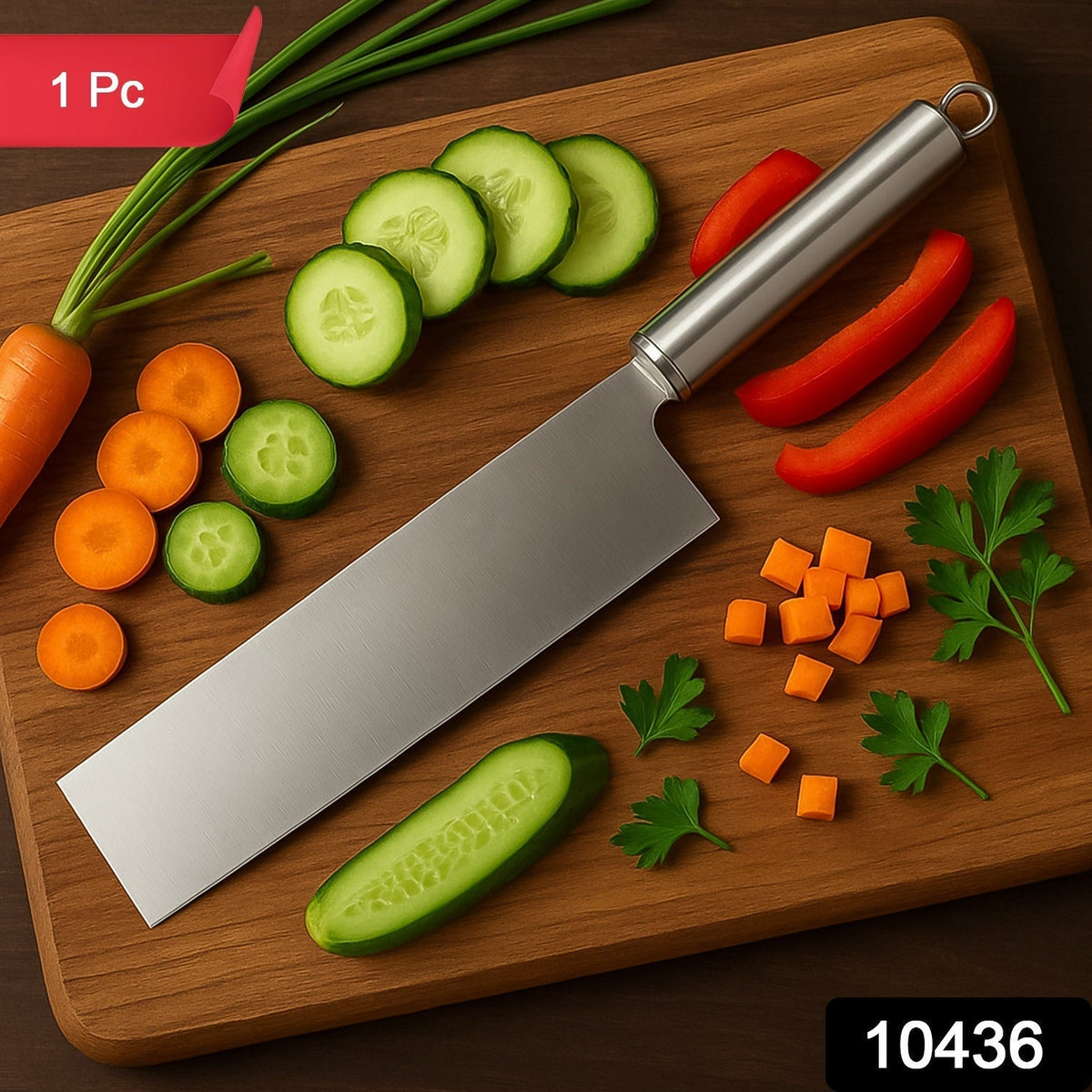 A stainless steel cleaver knife on a wooden cutting board with sliced vegetables, including carrots, cucumbers, and red bell