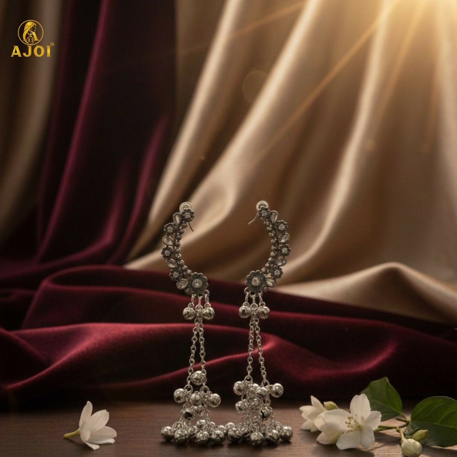 Kasmiri Silver Oxidised Chandbali Jhumka Earrings with Ghungroo Dangles for Women