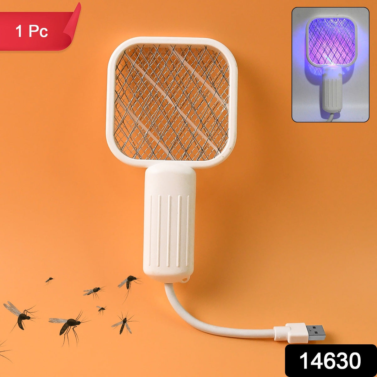 A white electric bug zapper with a square head and ribbed handle, connected to a USB cable, with mosquitoes flying around