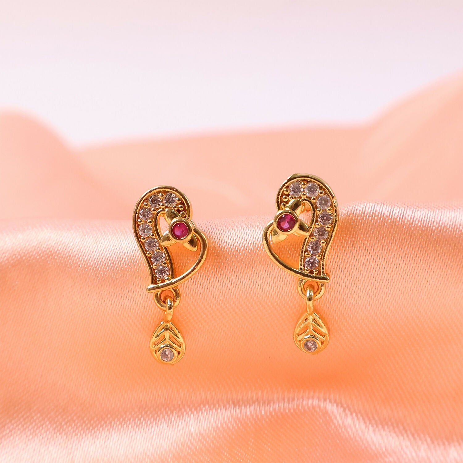 Elegant Gold Paisley Drop Earrings with Ruby Accent