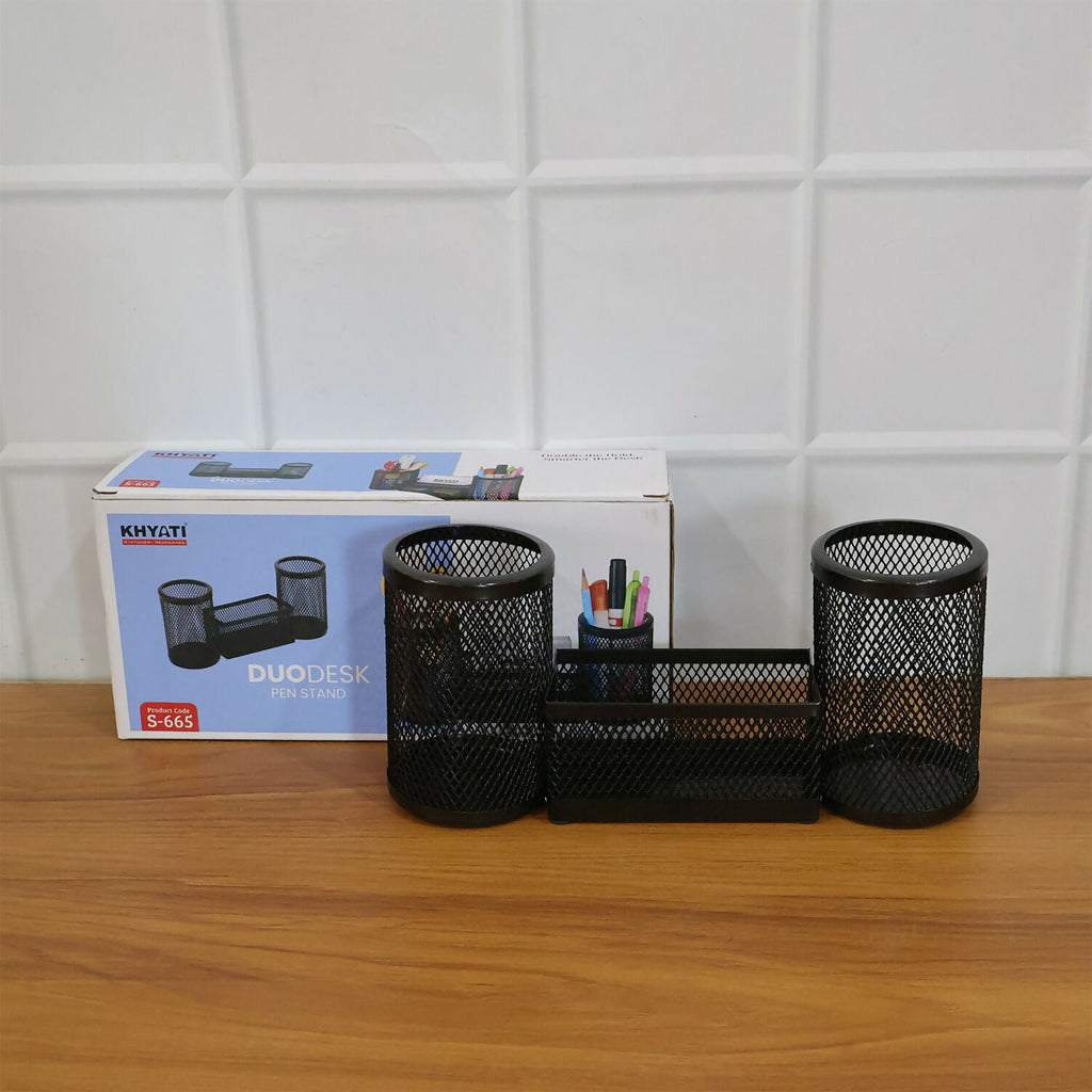 Dual Desk Mesh Pen Stand with Two Pencil Holders and Central Storage Tray for Office