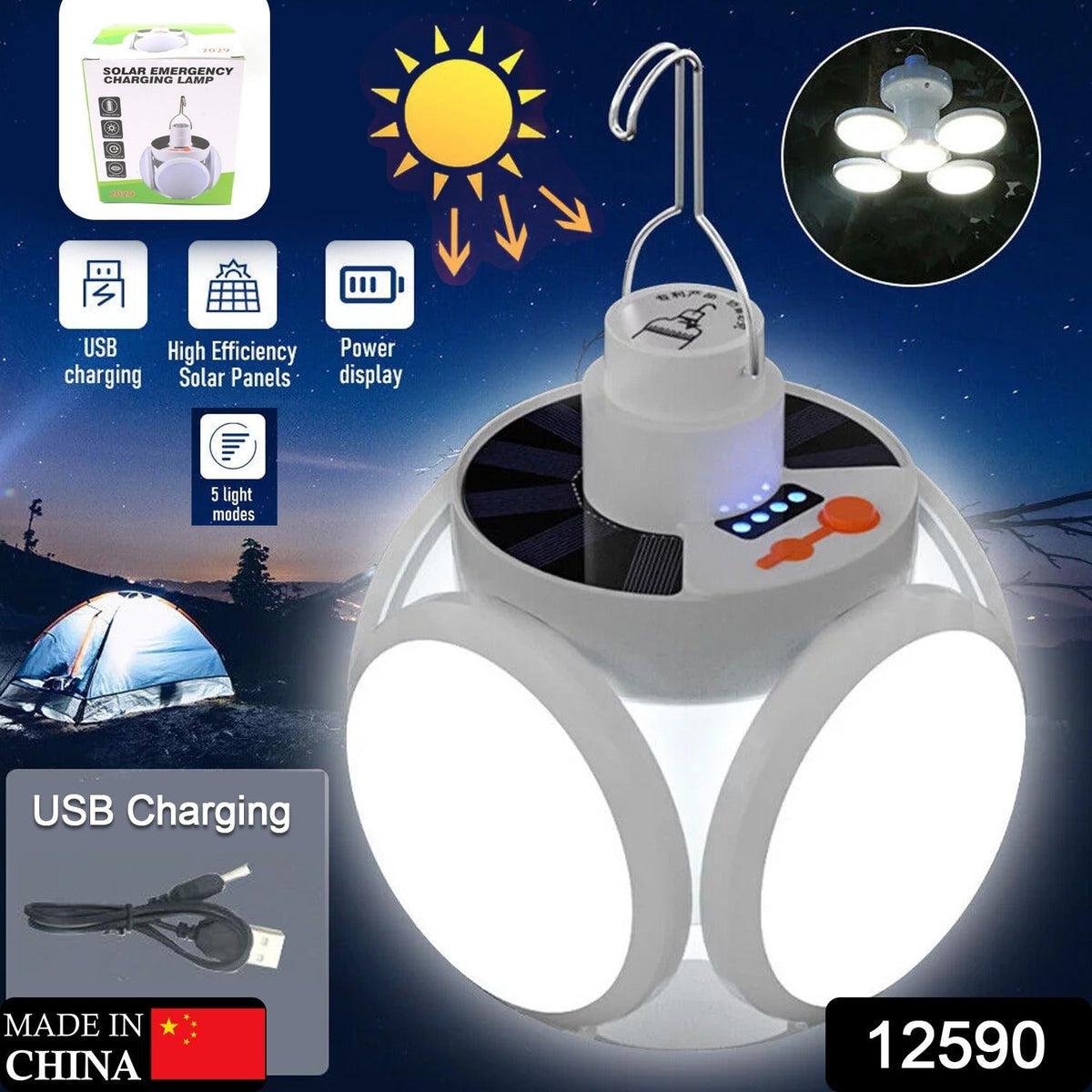 A white solar camping light is shown with various feature icons and a small image of a USB charging cable.