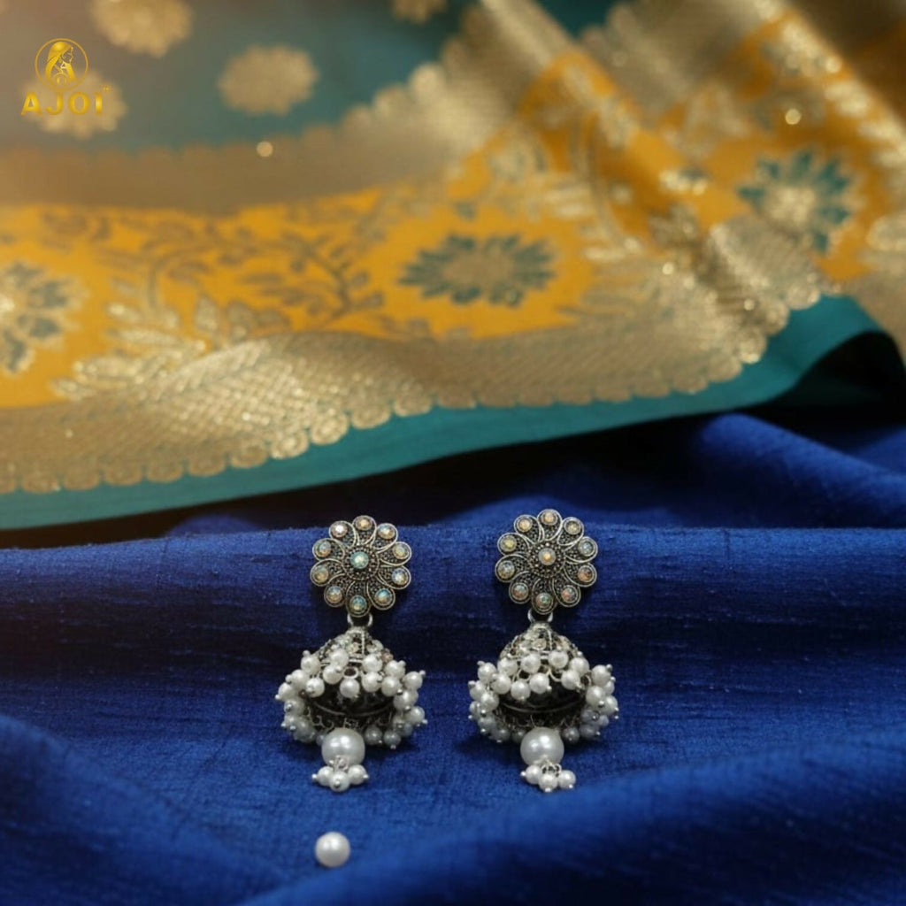 Traditional Indian Oxidised Silver Round Jhumka Earrings with Pearl Drops