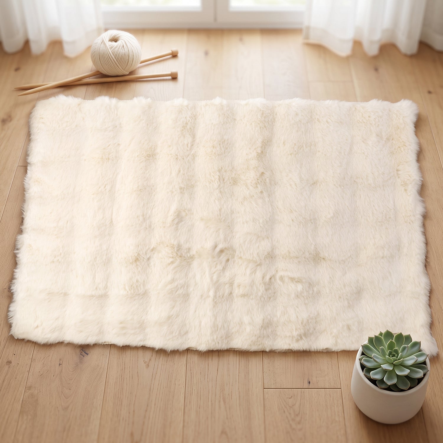 A cream fluffy faux fur rug on a wooden floor with a ball of yarn, knitting needles, and a succulent plant.