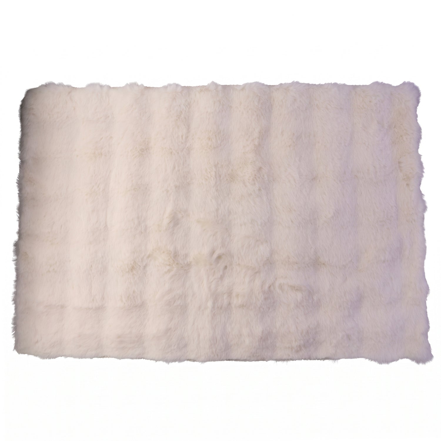 A rectangular cream fluffy faux fur rug with subtle horizontal texture on a white background.