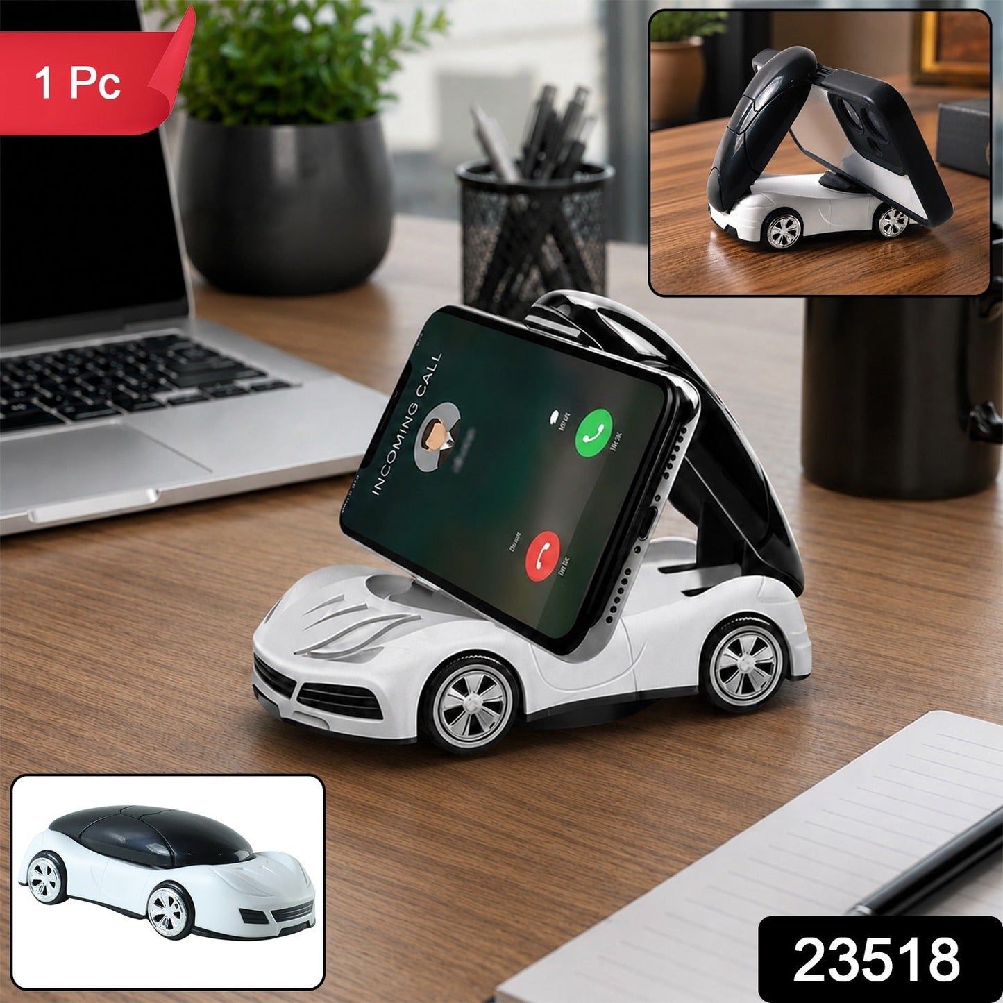 A white car-shaped phone holder with a black smartphone displaying an incoming call is on a wooden desk, with a
