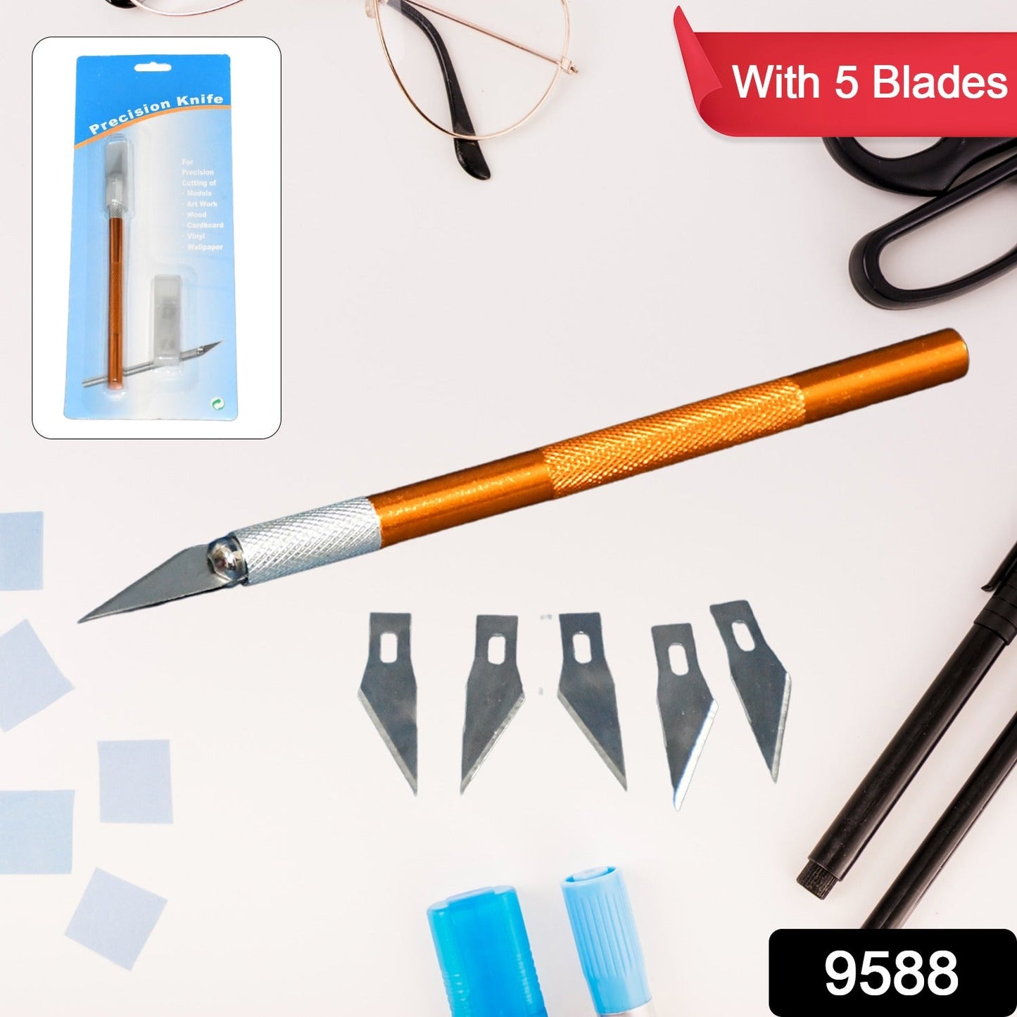 Orange precision knife with five blades, packaging, and a red banner stating 'With 5 Blades'.