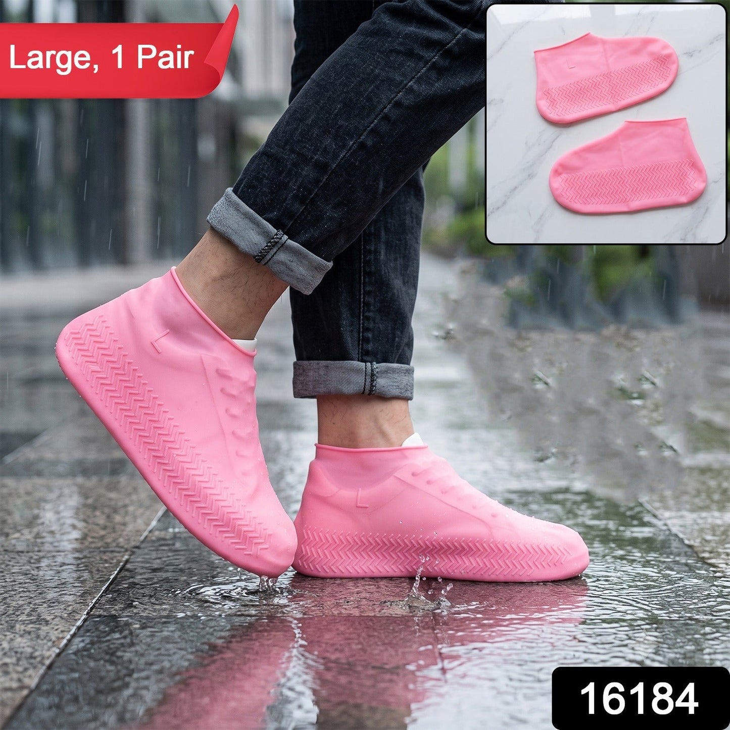 A person wears pink silicone shoe covers on a wet sidewalk; a red banner says "Large, 1 Pair" and a black box has "16184".