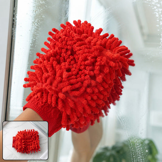 A hand wearing a red microfiber chenille wash glove cleans a window, with a smaller inset showing the glove on a white tiled