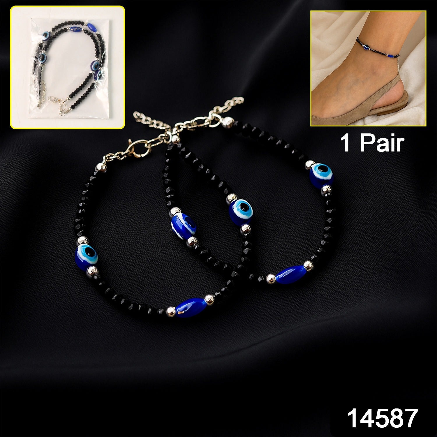 Two adjustable bracelets with blue evil eye charms in a set
