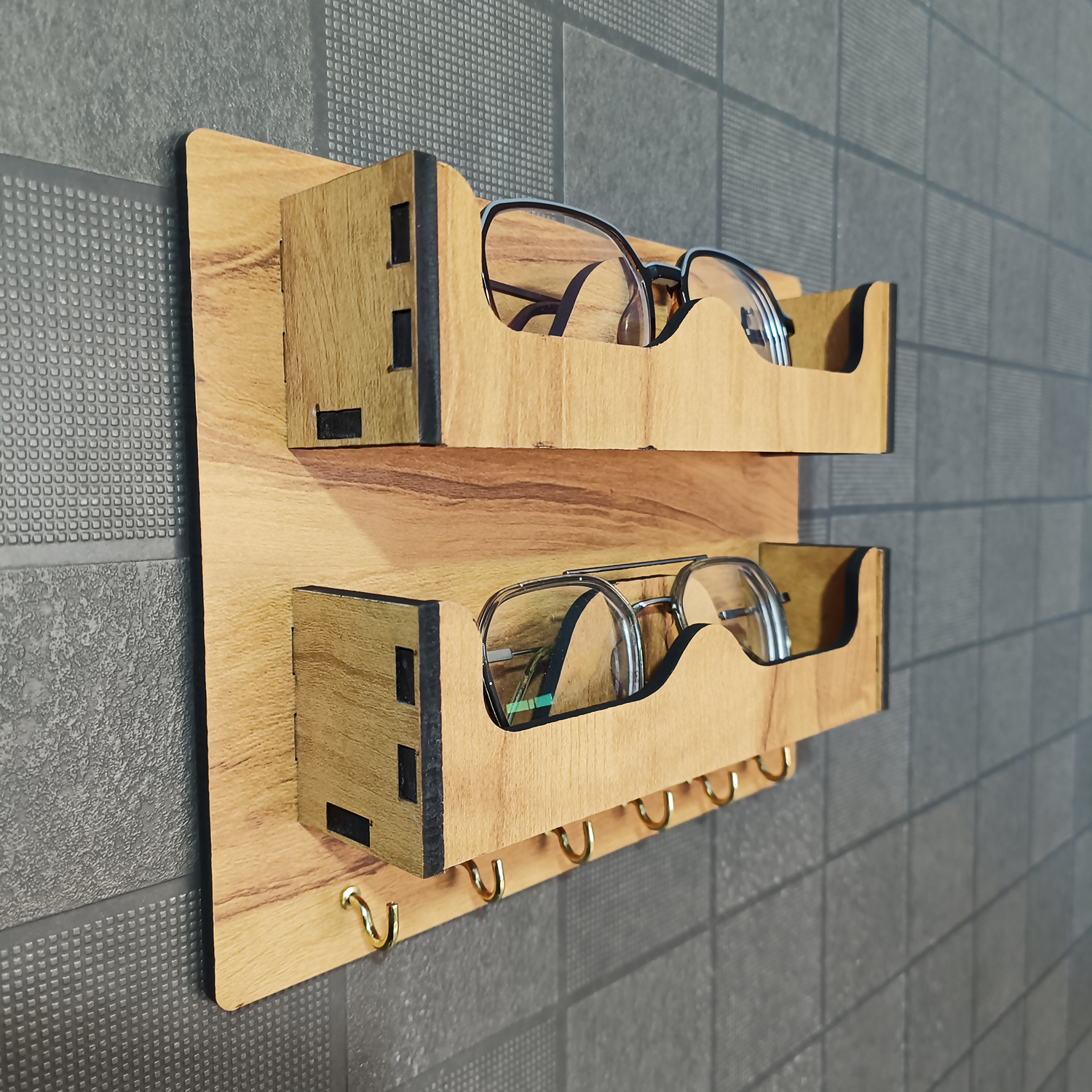 Double Layer Wooden Wall Mounted Organizer with Glasses Shelf and Key Hooks
