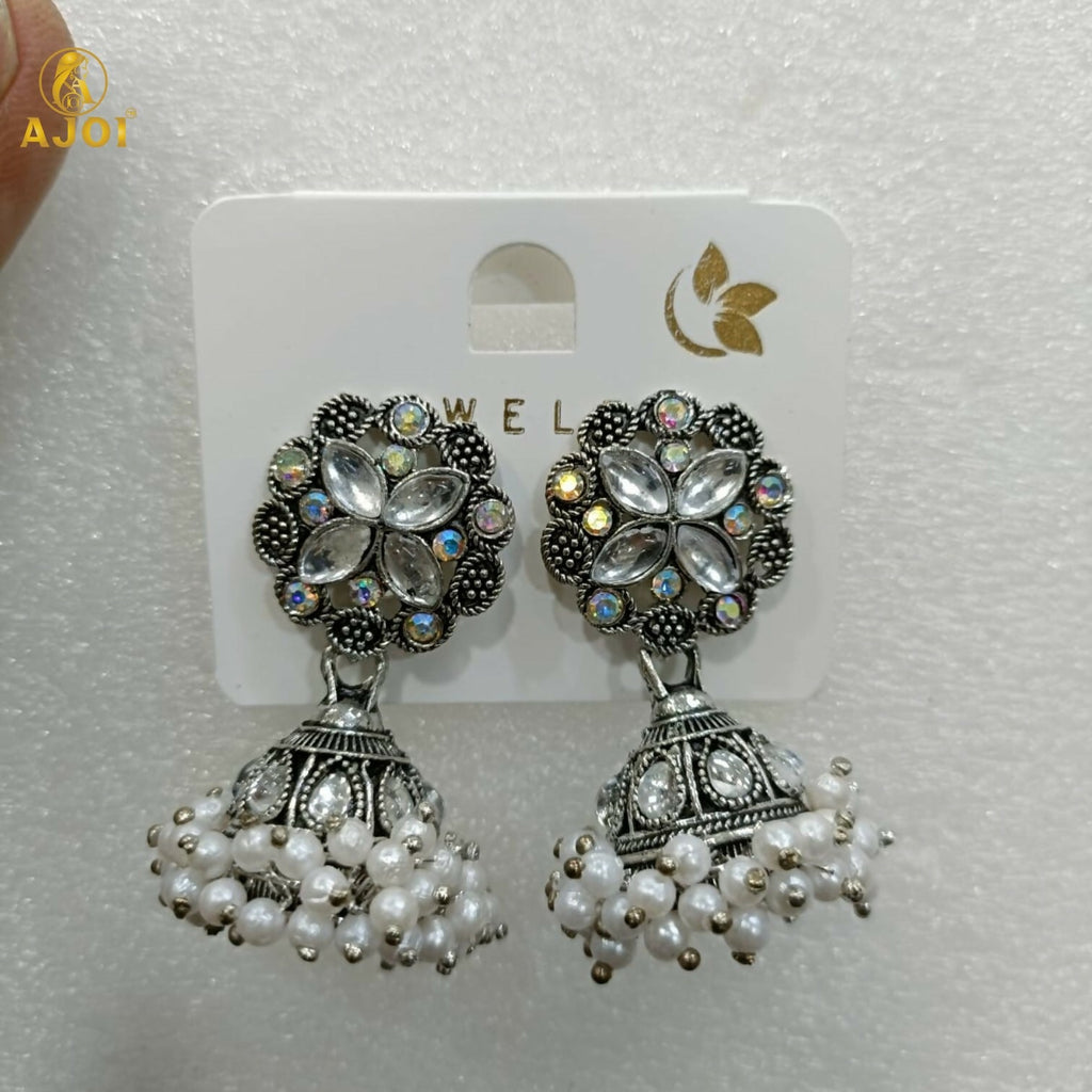 Elegant Silver Oxidized Floral Jhumka Earrings with Pearl Drops