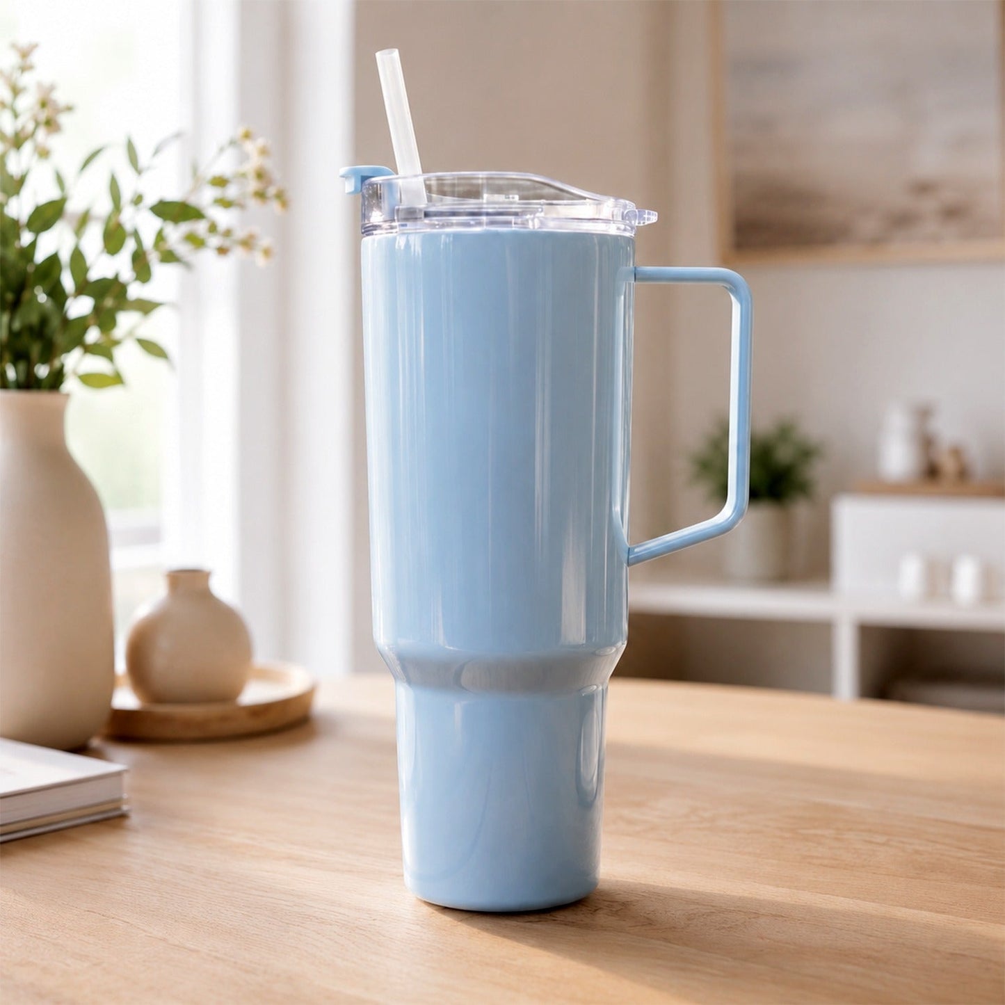 A light blue travel tumbler with a handle and straw sits on a wooden table next to a white vase with flowers.