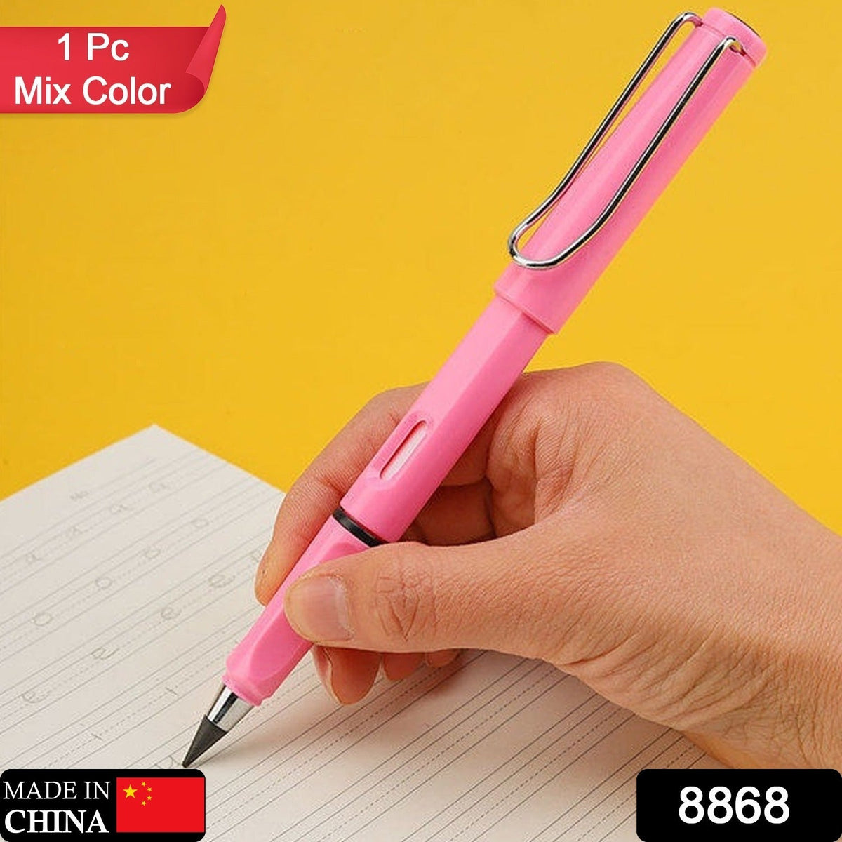 A hand holds a pink inkless pencil, writing on a lined paper against a bright yellow background.