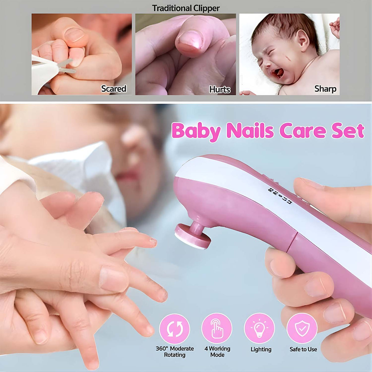 A hand holds a pink electric nail trimmer to a baby's finger; insets show traditional clippers causing fear and pain.