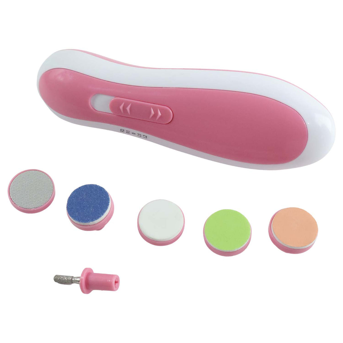 A pink and white electric nail trimmer with five colorful grinding heads and a metal cylindrical head.